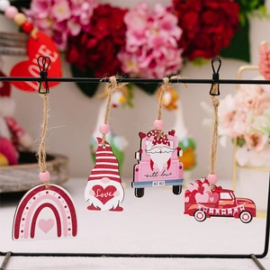 Set of 4 Valentine's wooden ornaments featuring pink gnomes and heart trucks on string