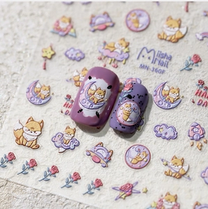 Close-up of 3D embossed cartoon fox and floral nail art stickers in purple tones