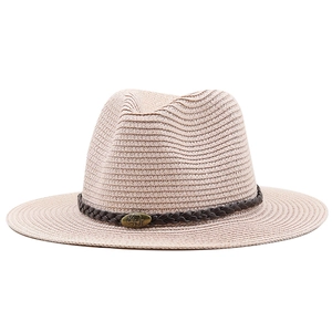 Unisex summer straw fedora hat in beige with vintage bull head buckle and brown band