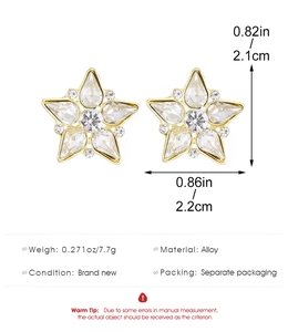 Macro detail of star earrings featuring teardrop crystals and gold alloy base