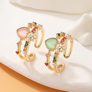 Heart Shaped Open Ring Copper Gold Plated Double Layer With Cat Eye Stone Zircon Artificial Pearl Flower Adjustable For Women