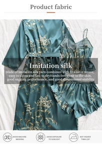 Detail of teal floral imitation silk satin robe showing high-quality fabric texture