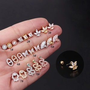 Screw Back Piercing Stud Earrings Stainless Steel Copper Cubic Zirconia Butterfly Snake Hamsa Design Fashion Women