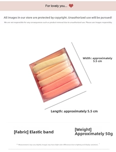 Detailed size view of five gradient elastic hair ties in a clear storage box