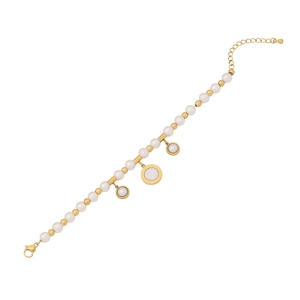 Golden pearl bracelet with roman numeral charm and white stones on white background