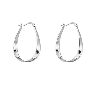 Detailed close-up showing the silver twisted oval teardrop earrings with a glossy finish