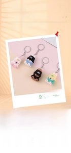 Detail showing colorful PVC bear keychains in pink, blue, black and green outfits