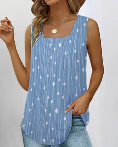 Detail of square neck and abstract blue print on women's sleeveless summer tank top