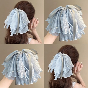 Oversized Pleated Mesh Bow Hair Claw Clip For Women Elegant Shark Clip With Faux Artificial Pearls And Satin Ribbon Accessory