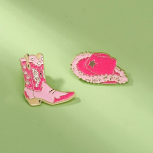 Pink western cowboy boots and hat enamel pins set with let's go girls text for clothing