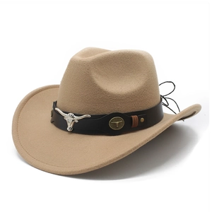 Detail view of khaki felt cowboy hat with bull head silver ornament and leather band