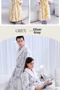 Detail of jacquard fleece bathrobe with thick floral pattern in yellow and silver grey