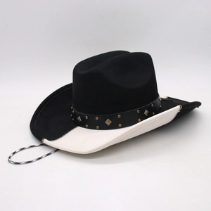 Western cowboy hat in black and white suede with decorative bronze studded leather band
