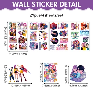 Set of 4 sheets with 29 waterproof PVC cartoon stickers showing dimensions and layout
