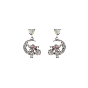 Silver fairy earrings with moon and star design featuring pink gemstones on white background