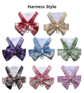 Detail of plaid pet vest harnesses with breathable mesh and decorative bows in eight colors