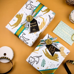 Leopard print gift wrapping paper set with ribbons and heart tags for DIY packaging