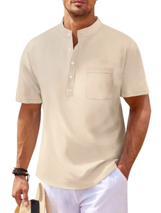 Detail of waffle textured beige short sleeve Henley shirt with chest pocket for men