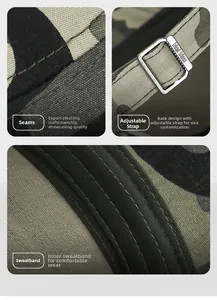 Dettagli del cappello mimetico con cuciture di precisione e fibbia in metallo regolabile