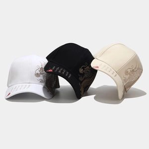 Unisex baseball caps with Chinese dragon embroidery in black, white, and beige colors