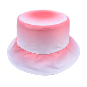 Detail shot of the pink to white gradient transition on the flat top bucket hat