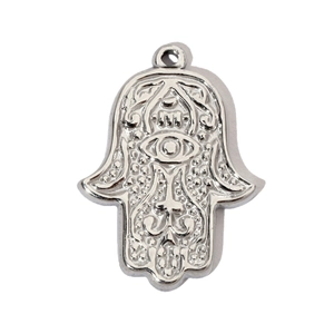 Detailed view of silver Hamsa Hand pendant with intricate embossed patterns and eye motif