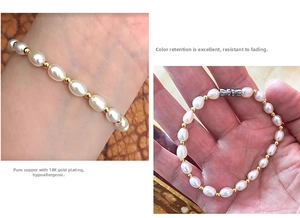 Detail of 18K gold plated copper beads paired with freshwater pearls on a bracelet