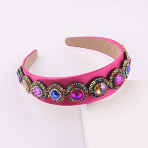 Baroque wide headband with multi-colored crystals on rose red satin fabric