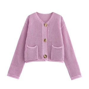 Detail of lavender knit cardigan featuring openwork texture and gold buttons