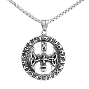 Silver Viking cross pendant necklace with engraved Elder Futhark runes and box chain
