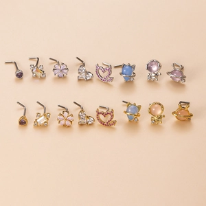 Piercings de nez en forme de L en acier inoxydable avec zircons cœur et fleur
