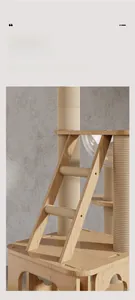 Detail of wooden climbing stairs for large cat tree with sisal posts and space capsule