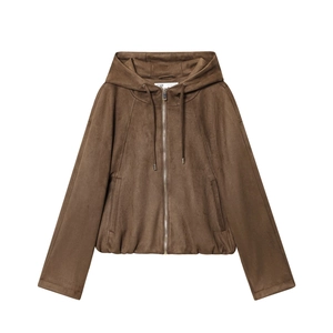 Brown hooded bomber jacket in soft faux suede with zipper closure and elastic cuffs