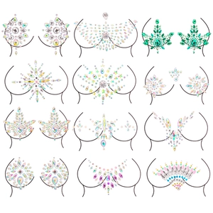Detailed grid view showing various acrylic rhinestone nipple stickers in multi-color patterns