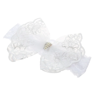 White lace baby headband with pearls and rhinestones on clean white background