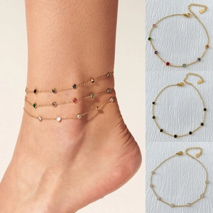 Stainless Steel Anklet Round Colorful Cubic Zirconia Bezel Set Minimalist Summer Beach Foot Jewelry For Women