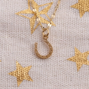 Macro view of a gold-toned horseshoe pendant with hollow design on a starry fabric