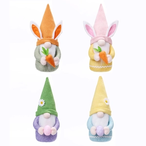 Set of four Easter gnomes with bunny ears, carrots, and colorful eggs for holiday decor