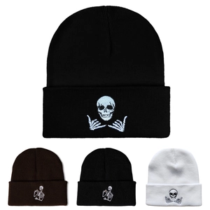 Knitted Beanie Hat Acrylic Warm Windproof Halloween Skeleton Skull Embroidery Cuffed Streetwear Punk Winter Gothic Adult