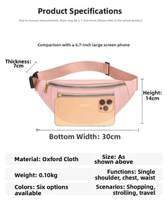 Pink oxford waist bag detail showing dimensions 30x14cm and lightweight 0.1kg design