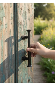 Poignée de porte vintage en fonte installée sur une vieille porte en bois de jardin