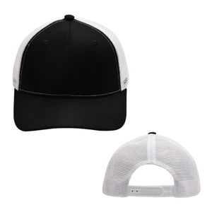 Detail of black twill front and white mesh back on adjustable flat brim trucker hat