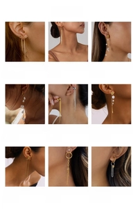 Collage of stainless steel tassel earrings and pearl studs on models for fashion styling