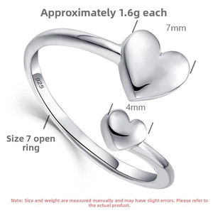 Detailed view of S925 sterling silver stamp and dimensions on double heart ring