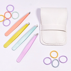 4-piece colorful stainless steel eyebrow tweezer set with white faux leather pouch