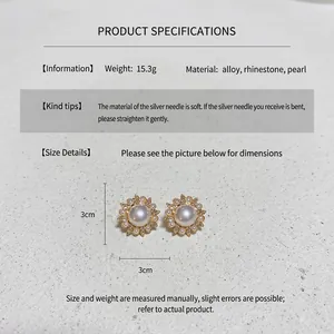 Detailed view of silver needle flower pearl earrings with alloy and rhinestone inlay