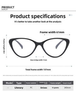 Detailed size chart of cat-eye frames showing dimensions for height width and nose bridge