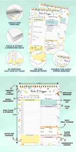 A5 English daily planner notebook, 52 undated tear-off pages, 100gsm paper, gold spiral binding.
