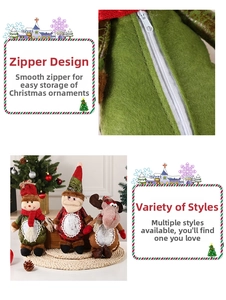 Detailed view of Christmas plush apple gift bags with zipper closure and cute cartoon designs