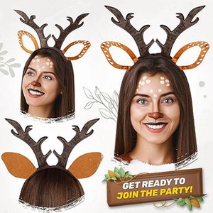 Detailed multi-angle view of brown reindeer horn headband for Christmas parties